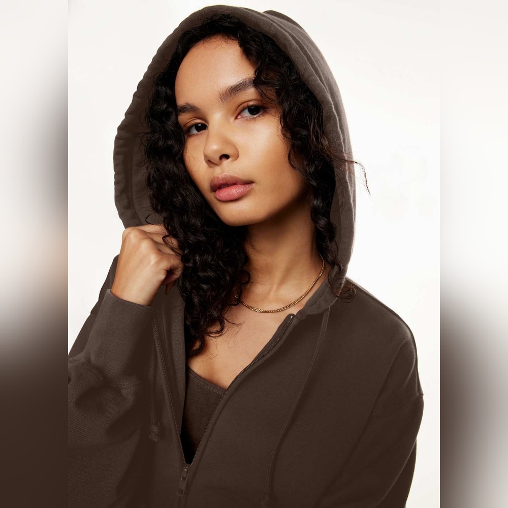 Aritzia TNA Women's Brown Extra Fleece Boyfriend Fit Hoodie w/ Full Zip -Size XS - Picture 2 of 10